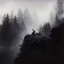 a man sitting on top of a cliff surrounded by woods