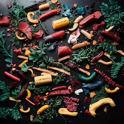 a black background with fake objects including vegetables and hunting objects