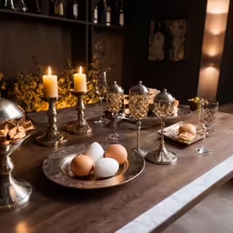 a fancy table with wine glasses, candle, and eggs