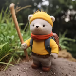 a teddy bear in a yellow sweater and brown hat holding a baseball bat