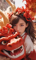 a young girl in red dress holding a mask