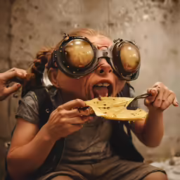 a girl wearing a helmet and goggles eats bread