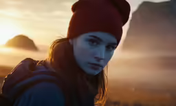 a woman wearing a beanie and a red sweater