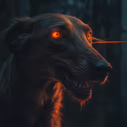 a dark dog with glowing eyes staring ahead
