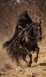 a man wearing a black outfit rides on top of a horse in the dust