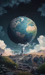 the man is standing on the rock in front of the world