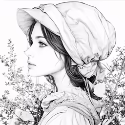 a black and white drawing of a girl in a hat