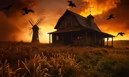 a dark sky over a farm house and windmill,a farmhouse with birds in the grass in front of it