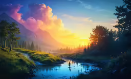 a painting with a river and a person rowing