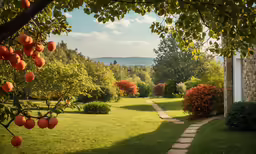 a pathway leads through an open yard towards the lush foliage