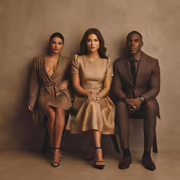 three people are sitting on the bench near a wall