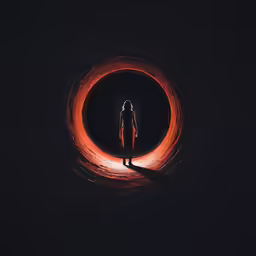the man is standing inside a tube with orange lights