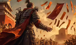 a person with his hands up in the air and flags