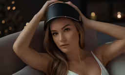a woman wearing a chair with a hat on top