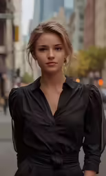 a woman is standing on the street with buildings in the background