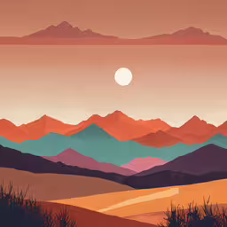 a large screen capture shows mountains and trees,some mountains and grass and orange sky with a sun