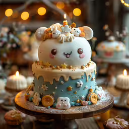 this is a very fancy cake in the shape of a teddy bear,a small cake with fondant, stars and other decorations