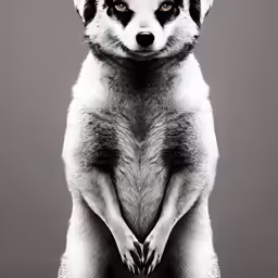 a black and white photo of a fox that has a big front paws