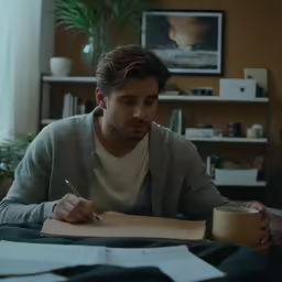 a man sits at a table in front of a coffee mug and paperwork