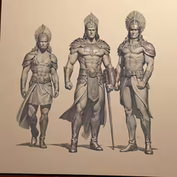 three statues that are on a piece of paper
