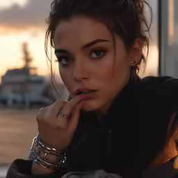 a young woman sitting down and wearing some bracelets