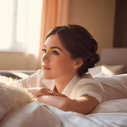 a woman wearing white poses on a bed