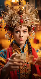 young woman in traditional costume with large headpiece using a cell phone