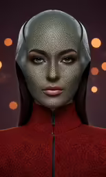 a woman in a red sweater and black helmet with a futuristic head