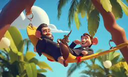 a monkey and gorilla man ride on the swing at park