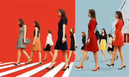 several women walking down a cross walk, one wearing red and one black