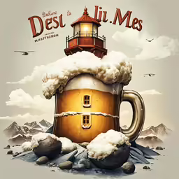 a cartoon style beer mug with ice and foamy, floating white foam