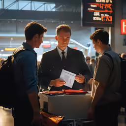 two men are standing around looking at documents