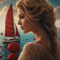 a close - up view of a woman with a sailboat behind her