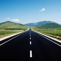 an empty road in a green valley with hills in the distance