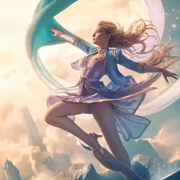 a woman in a dress floating on top of a cloud covered sky