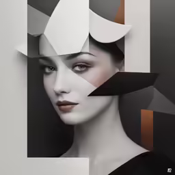 a woman in black dress with large squares and shapes