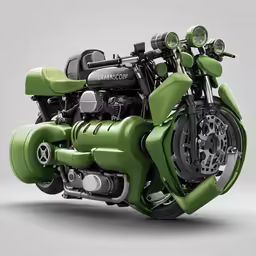 the motorcycle is very green and has chrome wheels
