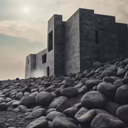 the black and white image shows rocks and an old castle