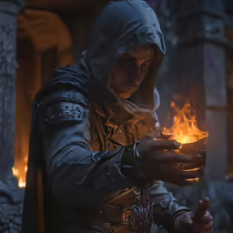 a man holding a lit candle in his hands