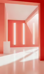 a room with white floors and tall white pillars
