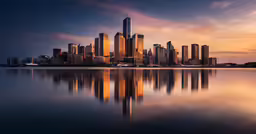 the city skyline reflected in the water at sunset