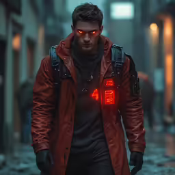 a man in red jacket walking down the street