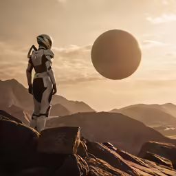 a man in a space suit standing on a mountain top