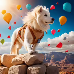 a dog wearing a vest standing on a rock
