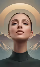 a woman is looking up at a moon