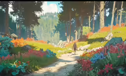an image of an artistic scene with trees and flowers