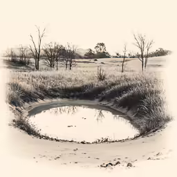 a landscape with a pond, trees, and the ground