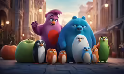 some animated animals are standing in the street
