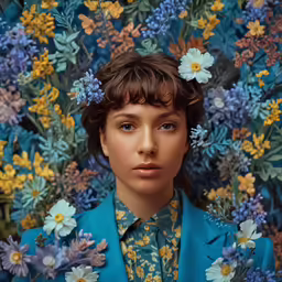 a doll with fake blue flowers on her head