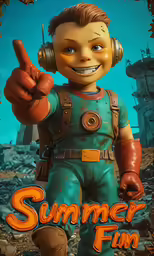 the character is pointing the finger and smiling